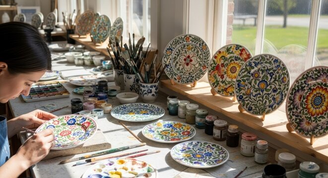 Woman painting floral designs on ceramic plates in studio