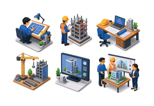 Architects and engineers designing buildings. Isometric flat vector icons set of Architects and engineers designing buildings: architect drafting blueprint, engineer reviewing structural model, office