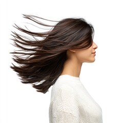 Naklejka premium Beautiful woman with long flowing hair in motion on a white background showcasing elegance and dynamic energy