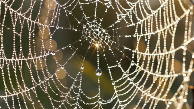A delicate spider web covered in morning dew drops at dawn