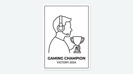 Minimalist line art illustration of a professional esports gamer holding a championship trophy. © SitiNur AisyahRahman