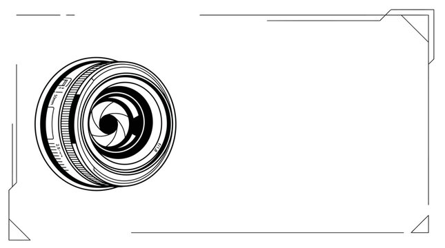 Minimalist outline drawing of a camera lens with aperture.