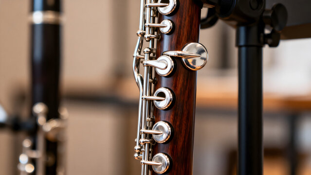 bassoon. A dark wood bassoon with silver keys, showcasing its elegant curves in a close-up view. tutorial guides, club newsletters, designed for sports & leisure club marketing.