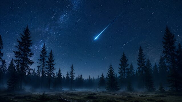 Blue Meteor Falling Over Misty Pine Forest Under Starry Night Sky