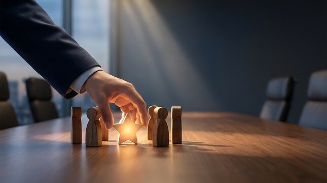 Hand selecting glowing star from wooden figures on conference table