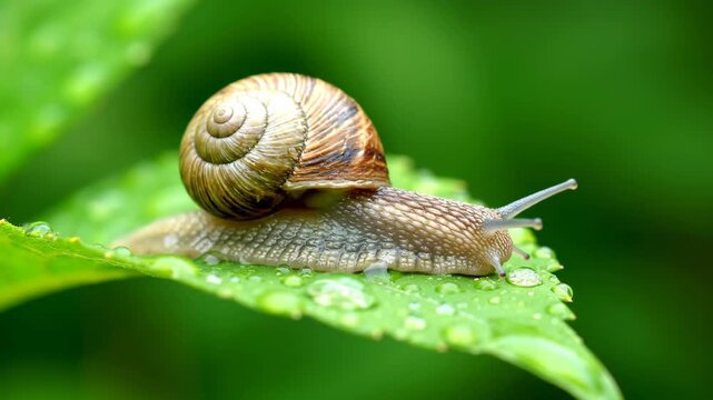 Snail crawling on green leaves with water droplets, close-up of snail leaves crawling