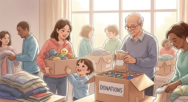 Diverse Group of Volunteers Sorting Donations for Charity.