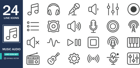 Set of 24 music and audio line icons, vector illustration of sound equipment, musical instruments, and media player controls © MSTAMBIA