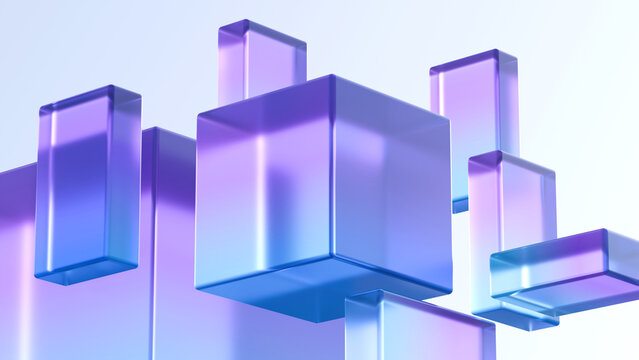 Abstract 3D tech background featuring floating translucent glass cubes and blocks with vibrant purple and blue gradients. Perfect for blockchain, data computing, and modern presentations