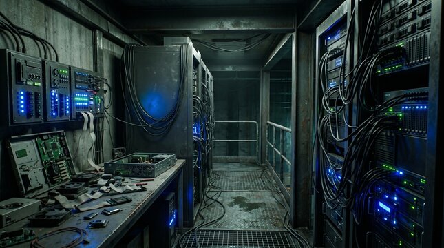 Industrial server room filled with computer racks, messy wires, electronic components, and testing tools on a workbench, cybersecurity hardware, data engineering.