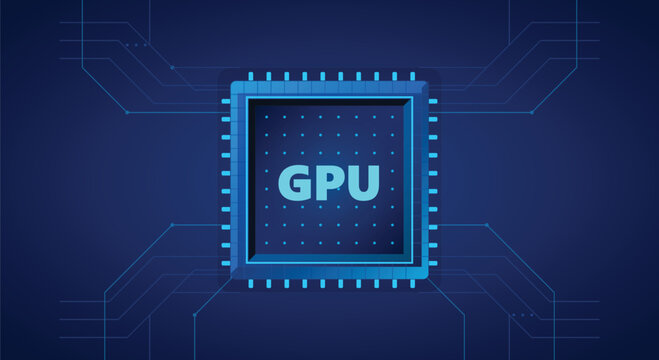 Graphic processing unit GPU microchip icon concept over dark blue technical electronic circuit board background for high performance computing