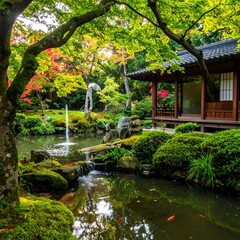 Fototapeta premium A serene garden scene with a pond, fountain, and traditional wooden building