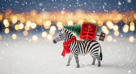 Obraz premium A zebra figurine wearing a red scarf carries a Christmas tree and gift in the snow, symbolizing festive holiday spirit and winter travel.