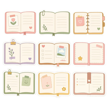 Cute pastel open journal sticker sheet featuring nine aesthetic notebook layouts with flowers, notes, hearts, and journaling elements in a clean flat vector style.