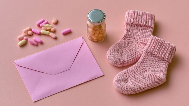 Pink baby socks, envelope, pills arranged on soft pastel background. Small glass jar with capsules, knitted socks beside envelope, scattered tablets, gentle studio lighting, minimal composition