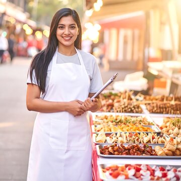 Woman smiling while serving homemade pizza at outdoor gathering.