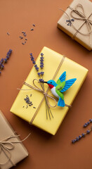 Fototapeta premium Gift box with hummingbird decoration and lavender sprigs, symbolizing celebration, nature, and thoughtful presents, ideal for festive or natural themes