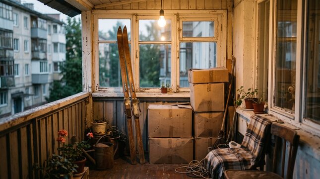 A cluttered balcony of an old apartment building with stacked cardboard boxes and vintage wooden skis at dusk, home storage and relocation concept.