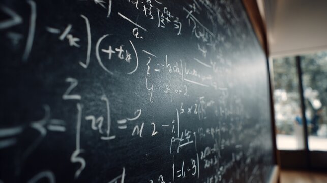 algebra. Chalkboard with complex mathematical equations and diagrams in soft natural light. STEM education sheets, lab safety posters, designed for biotech research communications.