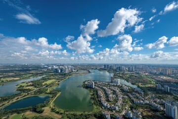 Obraz premium Expansive cityscape with a large lake, lush greenery, and scattered residential buildings
