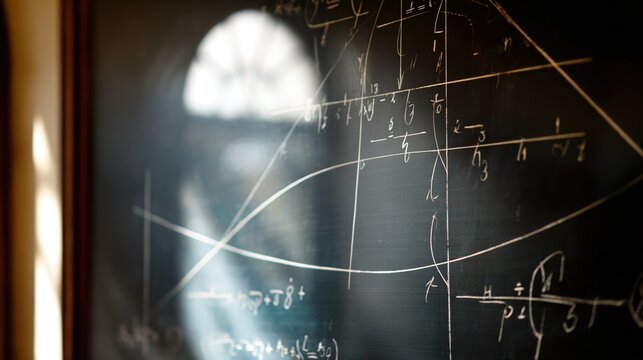 algebra. Chalkboard with complex mathematical equations and diagrams in soft natural light. STEM education sheets, lab safety posters, designed for biotech research communications.