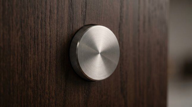Sleek round metallic dimmer switch or volume knob mounted on a dark wooden textured panel, premium interior design details.