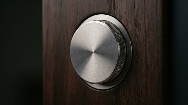 Macro view of a circular brushed aluminum control knob installed on a premium dark wood grain wall panel, high-end architectural finish.