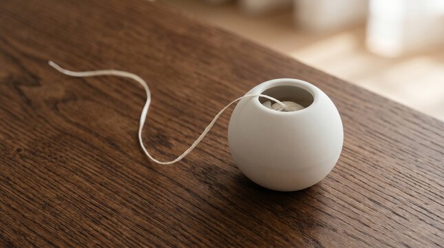 A spherical white ceramic dispenser with a single strand of white string unspooling onto a dark wooden table, minimalist design, craft hobby.