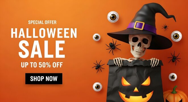 Halloween sale special offer banner with a skeleton wearing a witch hat and holding a pumpkin bag