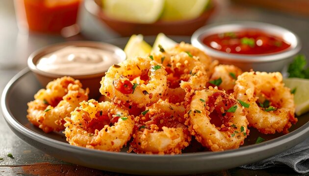 Crispy fried calamari with dipping sauces.