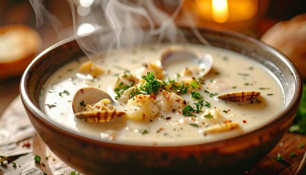 Steaming bowl of creamy clam chowder soup.