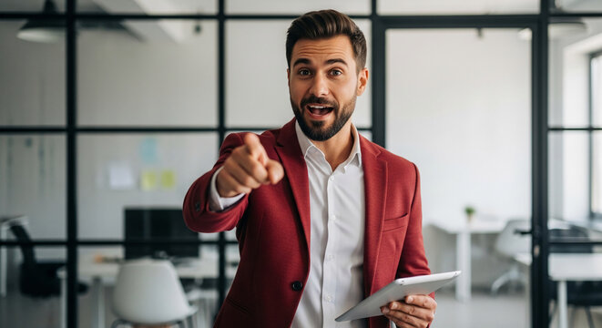 A man in a red blazer points directly at the viewer while holding a tablet, symbolizing engagement and focus, suitable for business or motivational content