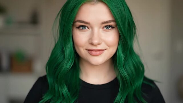Close-up of green-haired woman fiddling with hair, close-up of green-haired girl smiling
