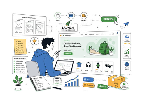 Launching an online business. An entrepreneur working between website wireframes and a polished e-commerce homepage, with floating tags like ?Shop? and ?Publish,? creating a lively startup launch