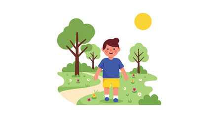 A happy young boy wearing a blue shirt and yellow shorts stands on a winding path in a sunny park filled with green trees and flowers. © Coey