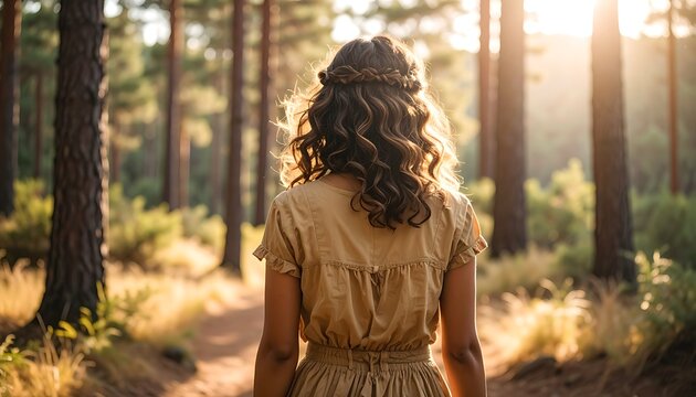 Woman with curly hair and a wreath walks a sunlit forest path in a tan dress