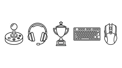 Set of esports gaming gear icons including joystick headphones trophy keyboard and mouse. © Dewi Lestari
