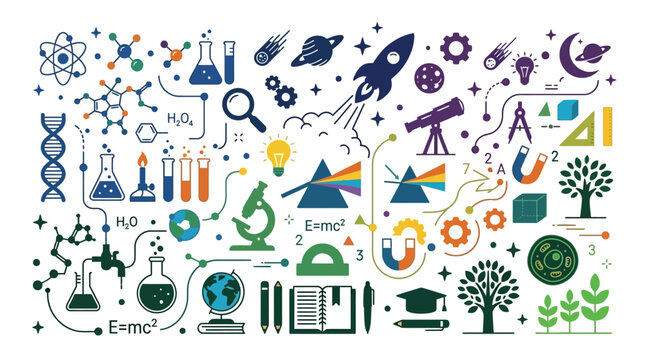 Set of colorful science and education doodle icons on white background.