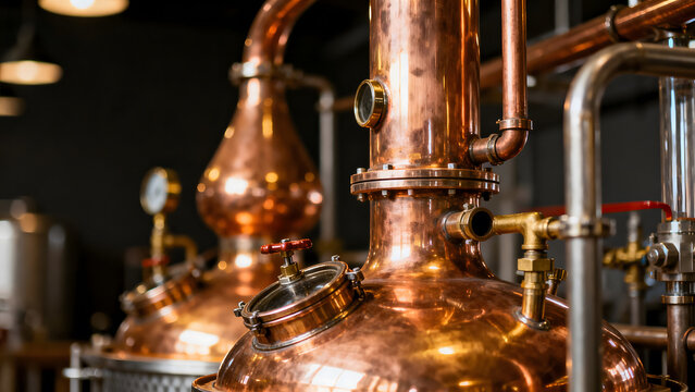 alembic. Detailed copper alembic still with polished pipes in warm light. bar promotions, beverage menus, packaging labels, designed for product packaging and bar promotions, used by professors.