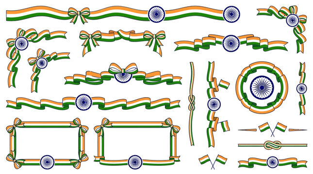 Set of decorative elements with Indian flag colors and Ashoka Chakra.