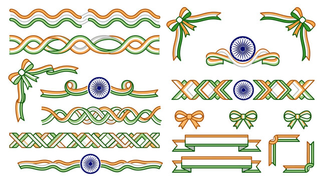 Set of decorative ribbons and borders with Indian flag tricolor design elements.