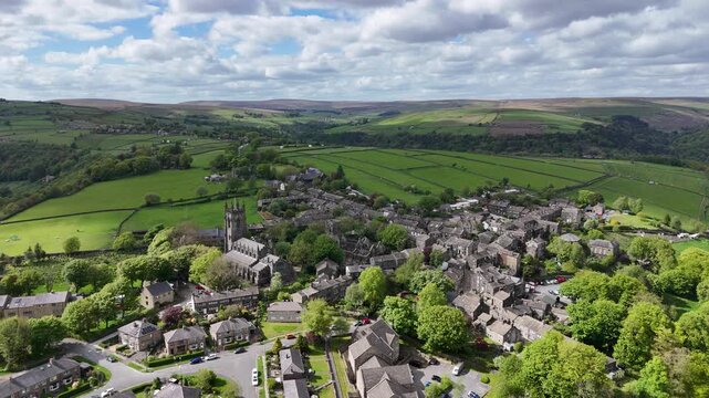 high aerial view of the village of heptonstall in calderdale west yorkshire in summer surrounded by pennine landscape