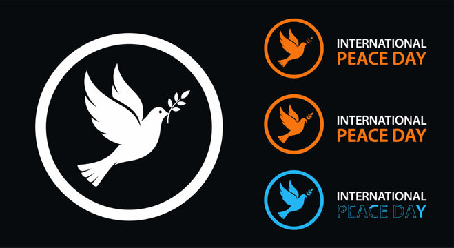 Set of International Peace Day logos with flying doves inside circular frames isolated on black background Peace Day