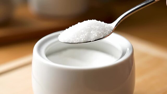 Handheld spoon mixing cup food, scooping white sugar close-up
