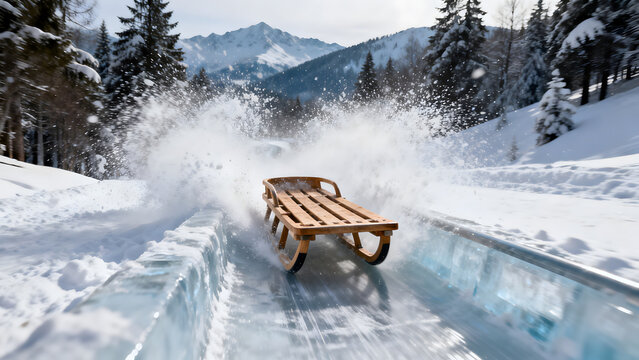 toboggan. A wooden toboggan speeds down an icy chute, spraying snow into the air. event key visuals, club posters, designed for fitness apps and gym onboarding, used by event planners.
