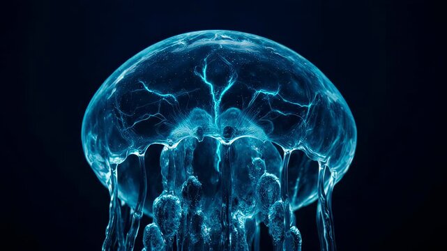 Ethereal transparent fluid mimicking a jellyfish forming an abstract microscopic virus