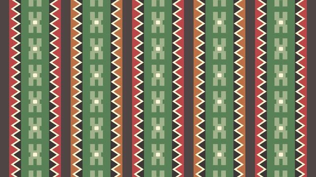 Seamless loop animation of a unique abstract pattern moving up and down on a solid pastel blend of orange, red, green, and brown stripes layout