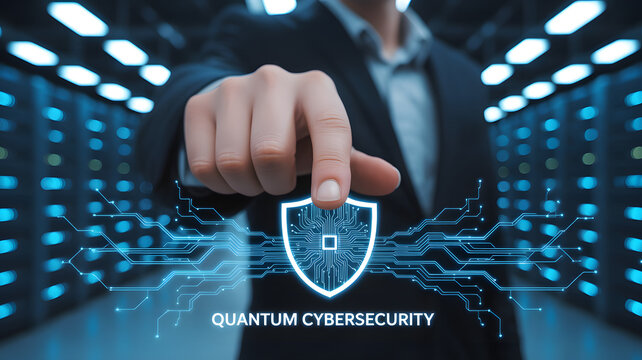 Businessperson pointing toward glowing digital shield with circuit patterns in server room, symbolizing quantum cybersecurity, data protection, and advanced encryption technology