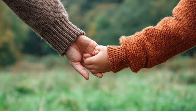 Adult and child hands clasped, symbolizing connection and nurture outdoors