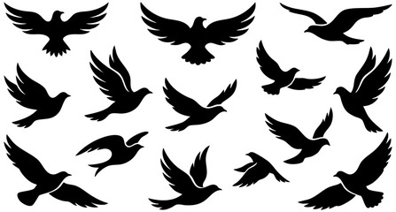 Fototapeta premium Set of black bird silhouettes flying in different dynamic poses for creative vector graphic design projects